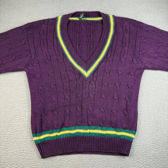 VTG Wool Cable Knit Cricket Sweater Mens Extra Large Tennis V-Neck Jumper Preppy - Picture 4 of 8